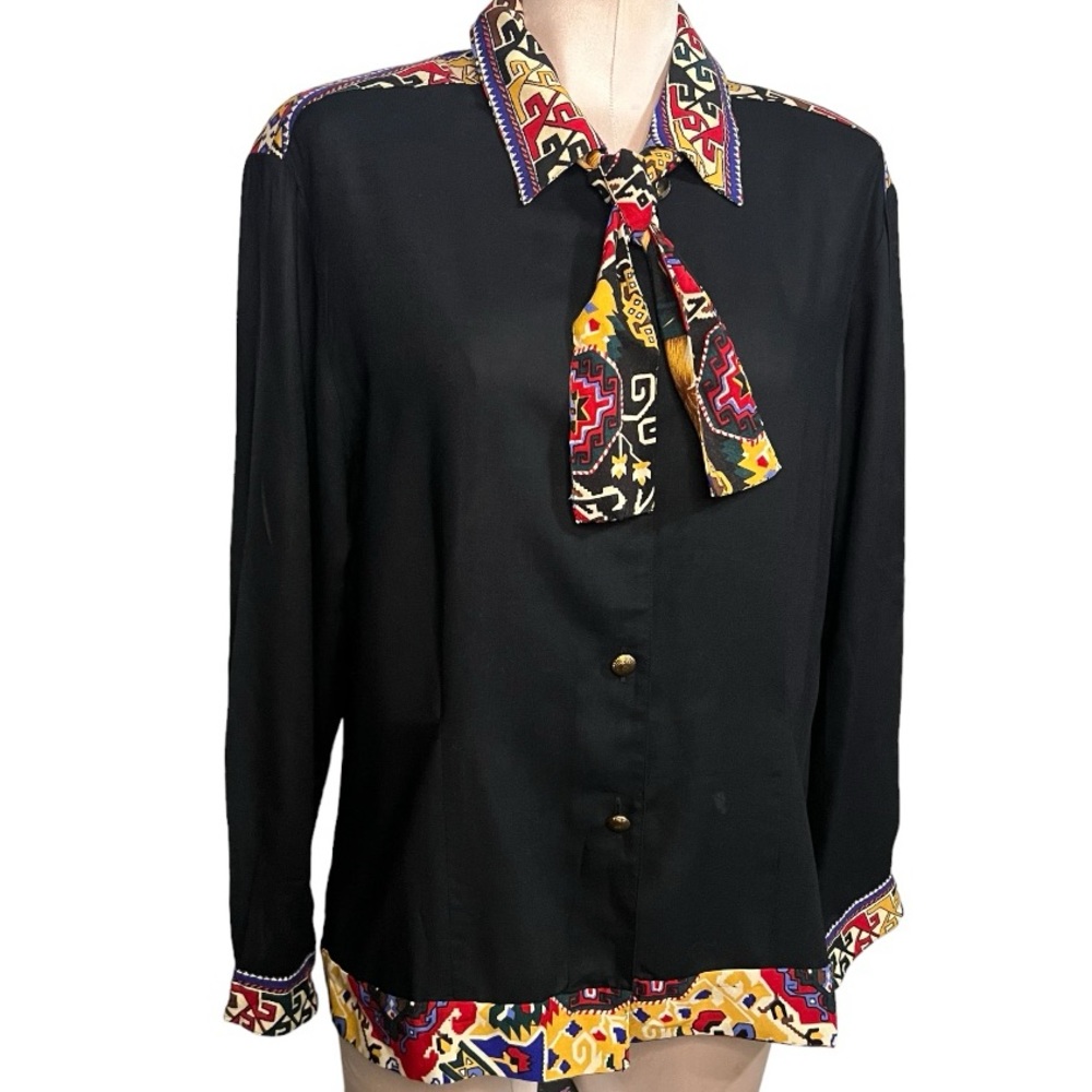 Vintage SK & Company Black with Multi Color Tribal Print Long Sleeve Blo…